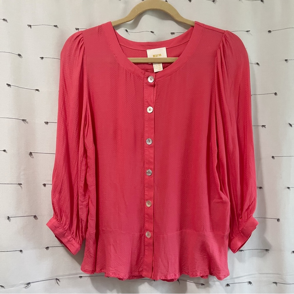Maeve button front peplum 3/4 sleeve rayon blouse size 10